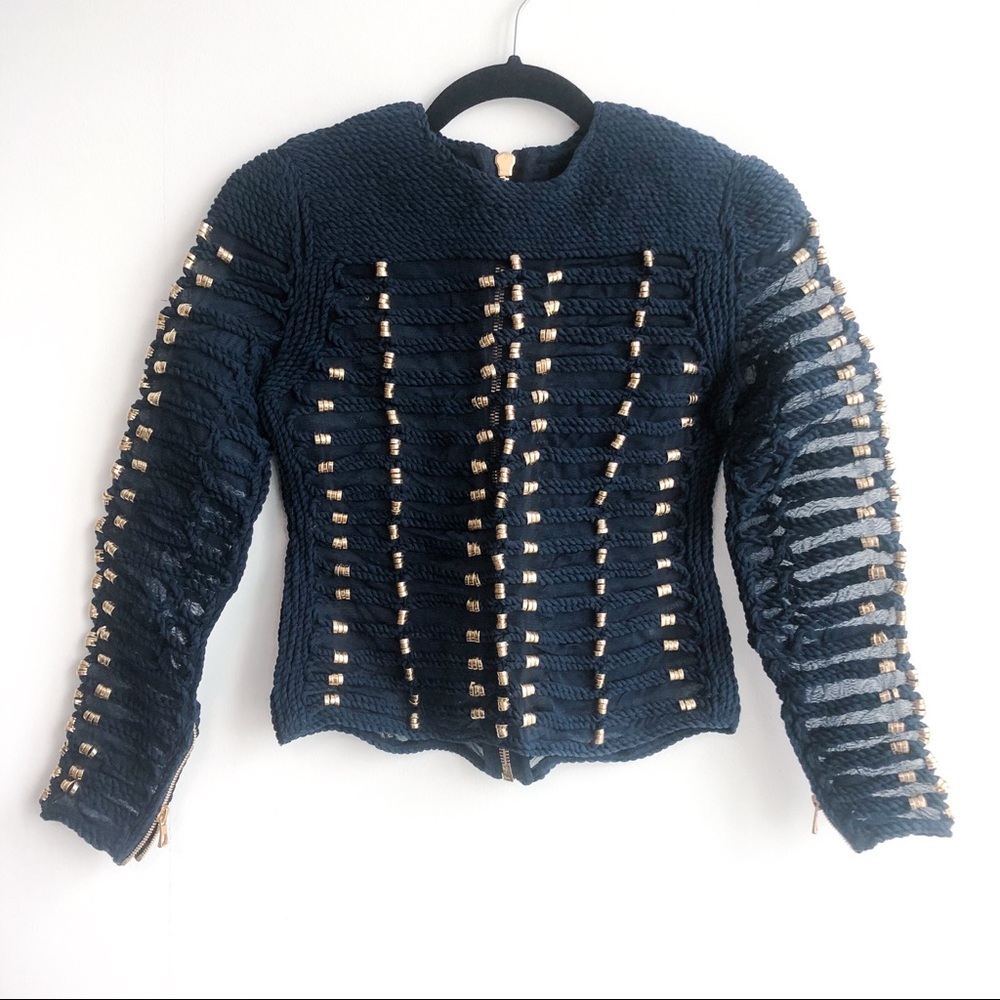 Balmain x HM beaded mesh blue top